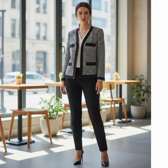 MICHAEL KORS Boucle Tweed Blazer 10 M Crop Jacket Grosgrain Ribbon Black Blue - Picture 16 of 16